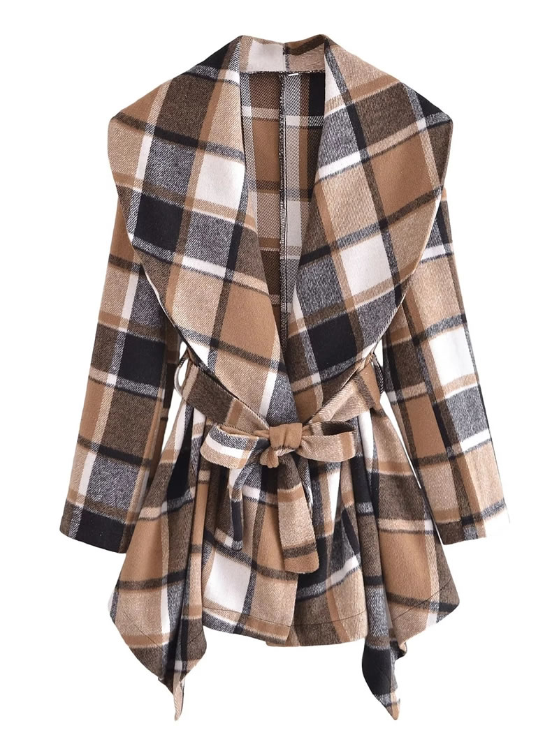 Fashion Brown Polyester Lapel Plaid Lace-up Coat  Polyester,Coat-Jacket