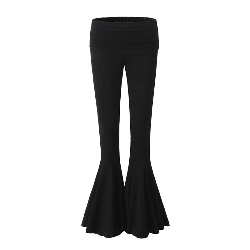 Fashion Black Cotton Pleated Flared Trousers,Pants