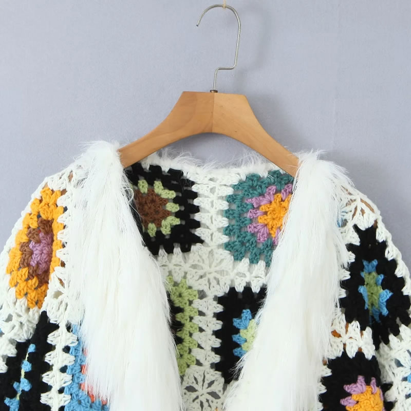 Fashion White Granny Check Knitted Sweater Cardigan,Sweater