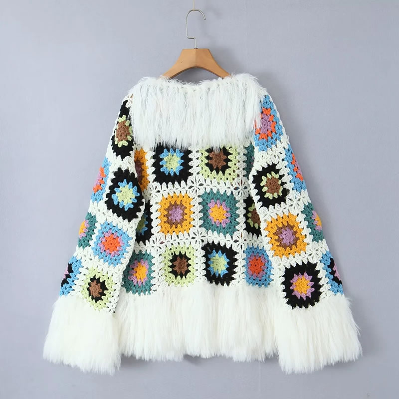Fashion White Granny Check Knitted Sweater Cardigan,Sweater