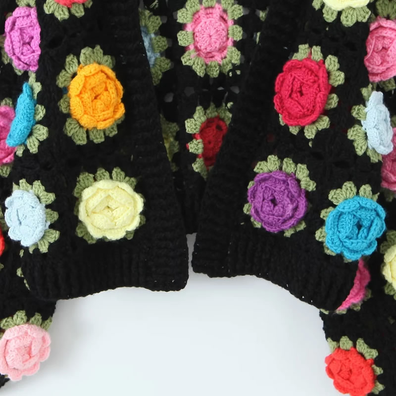 Fashion Black Three-dimensional Floral Knitted Sweater Cardigan,Sweater