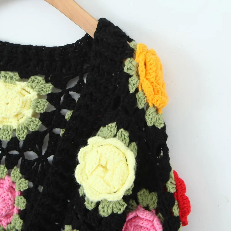 Fashion Black Three-dimensional Floral Knitted Sweater Cardigan,Sweater