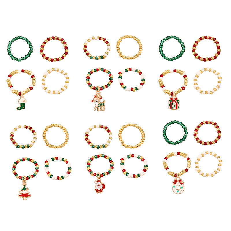 Fashion Color 3 Alloy Oil Drop Christmas Series Pendant Rice Bead Ring Set Of 4,Rings Set