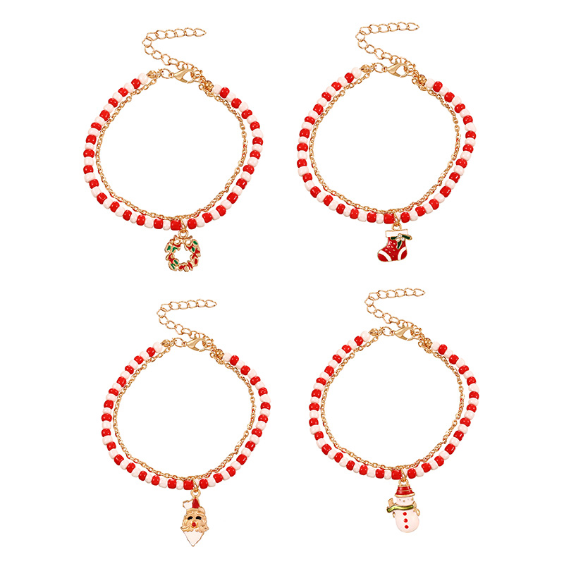 Fashion Red 5 Double-layer Alloy Dripping Oil Christmas Series Pendant Rice Bead Bracelet,Fashion Bracelets