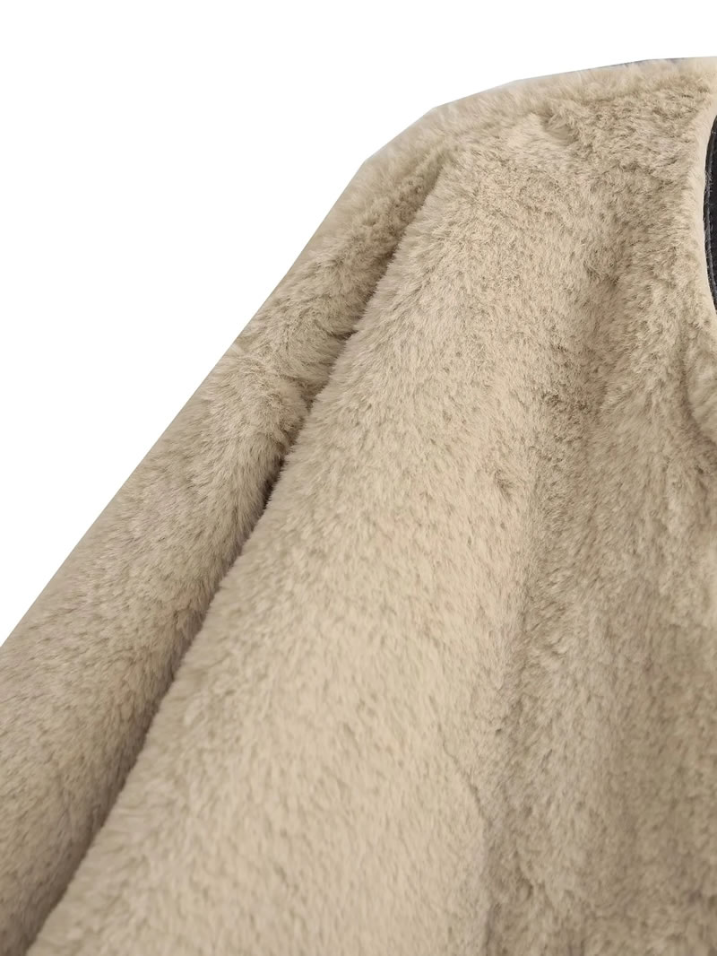 Fashion Khaki Rabbit Fur Buttoned Crew Neck Coat  Polyester,Coat-Jacket