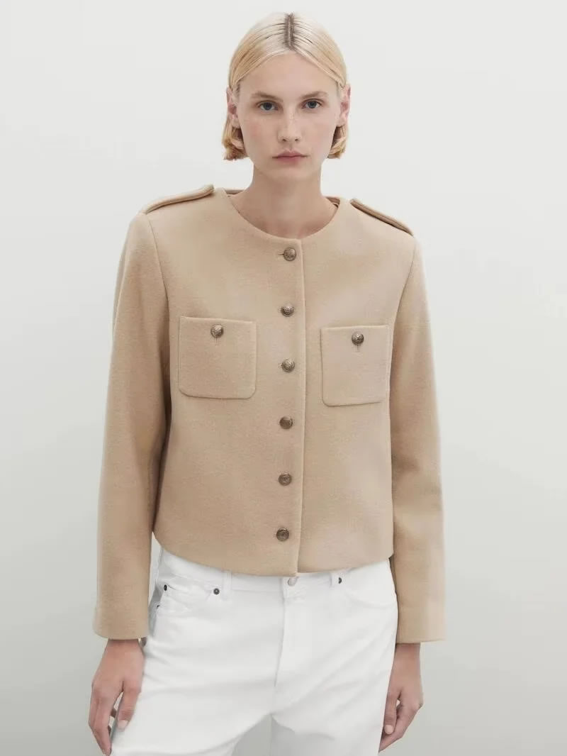 Fashion Khaki Soft Buttoned Pocket Jacket  Polyester,Coat-Jacket