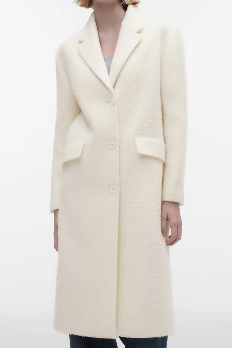 Fashion White Polyester Lapel-breasted Coat With Pockets  Polyester,Coat-Jacket