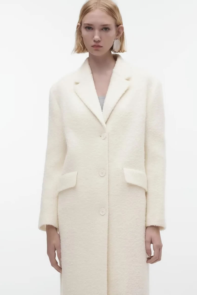 Fashion White Polyester Lapel-breasted Coat With Pockets  Polyester,Coat-Jacket