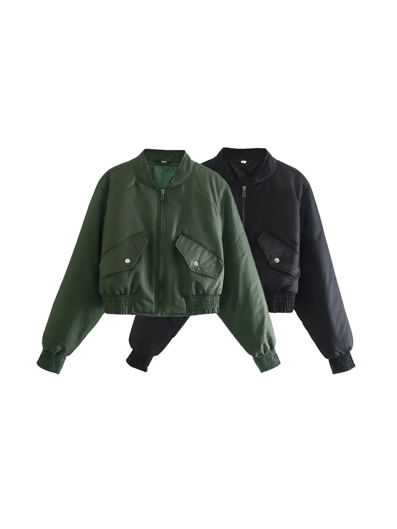 Fashion Army Green Polyester Stand Collar Zipper Short Jacket  Polyester,Coat-Jacket