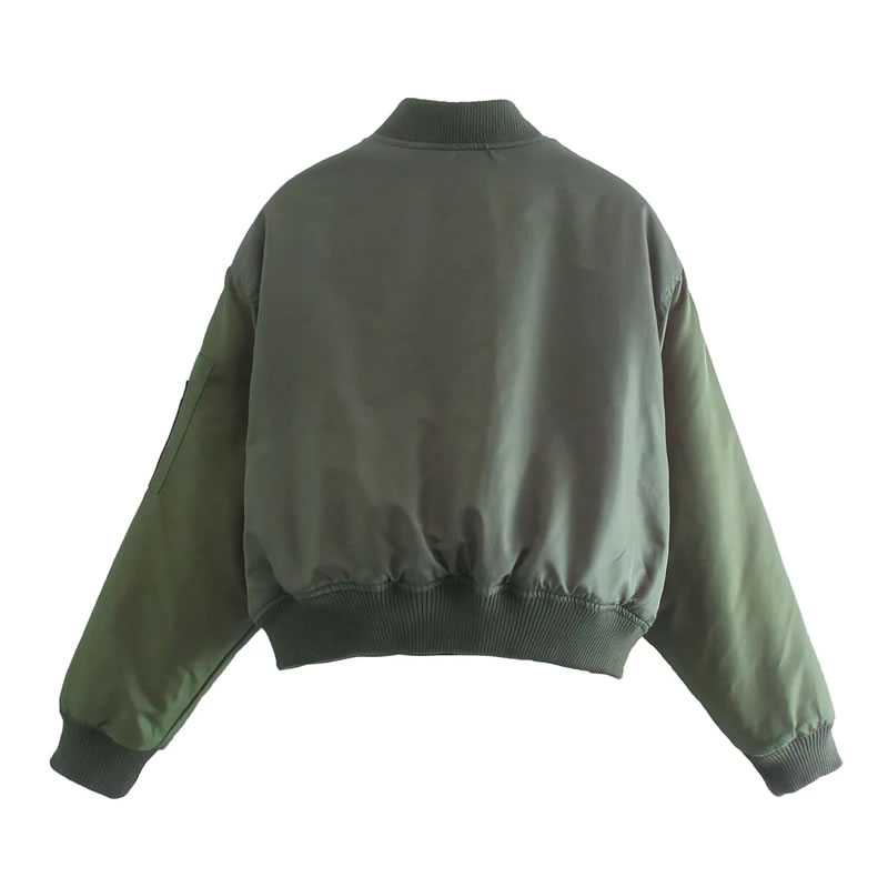 Fashion Army Green Polyester Stand Collar Large Pocket Jacket  Polyester,Coat-Jacket