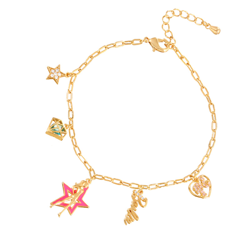 Fashion Gold Copper Inlaid Zircon Drop Oil Pentagram Girl Letter Pendant Bracelet,Bracelets