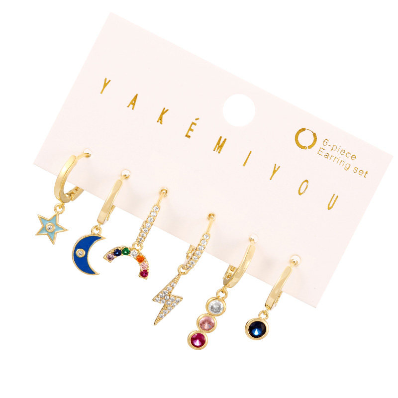 Fashion Gold Copper Inlaid Zircon Oil-drip Crescent Lightning Pendant Earring Set Of 6 Pieces,Earring Set