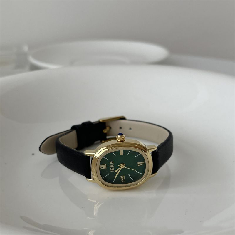 Fashion Black With Gold Frame And Green Surface Oval Dial Leather Watch,Ladies Watches
