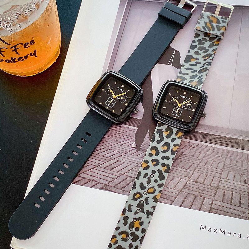 Fashion Leopard Gray Stainless Steel Square Dial Silicone Watch,Ladies Watches