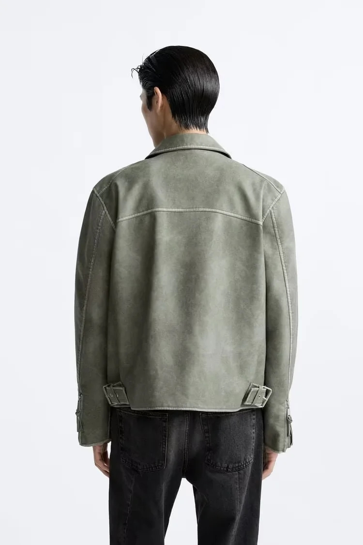 Fashion Grey Washed Lapel Zipped Jacket,Coat-Jacket