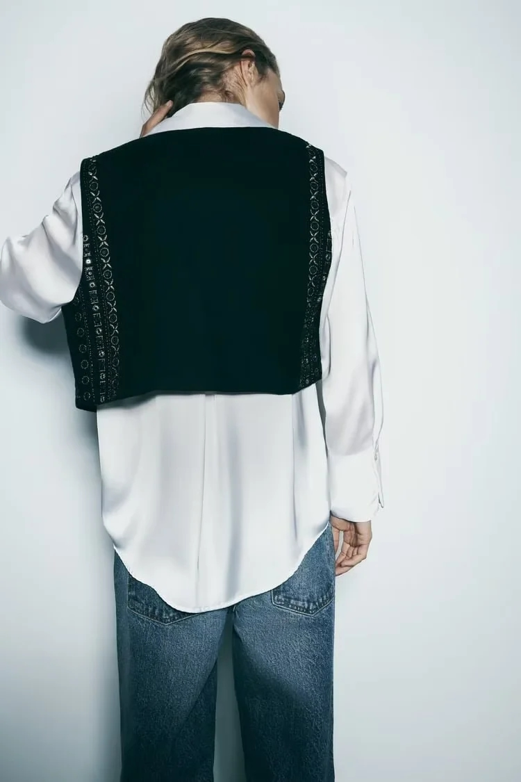 Fashion Black Polyester Embroidered Vest Jacket,Coat-Jacket