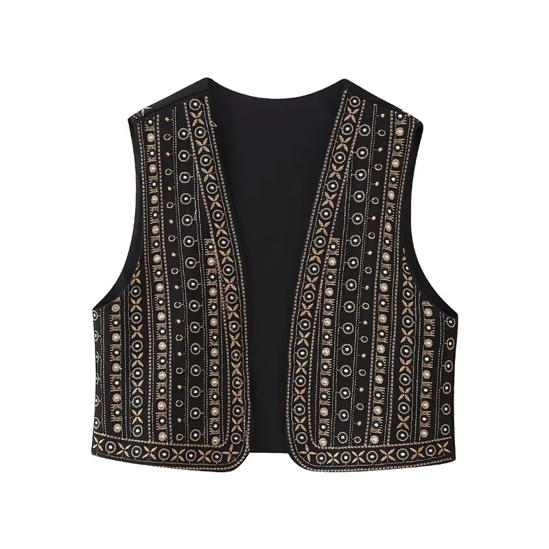 Fashion Black Polyester Embroidered Vest Jacket,Coat-Jacket