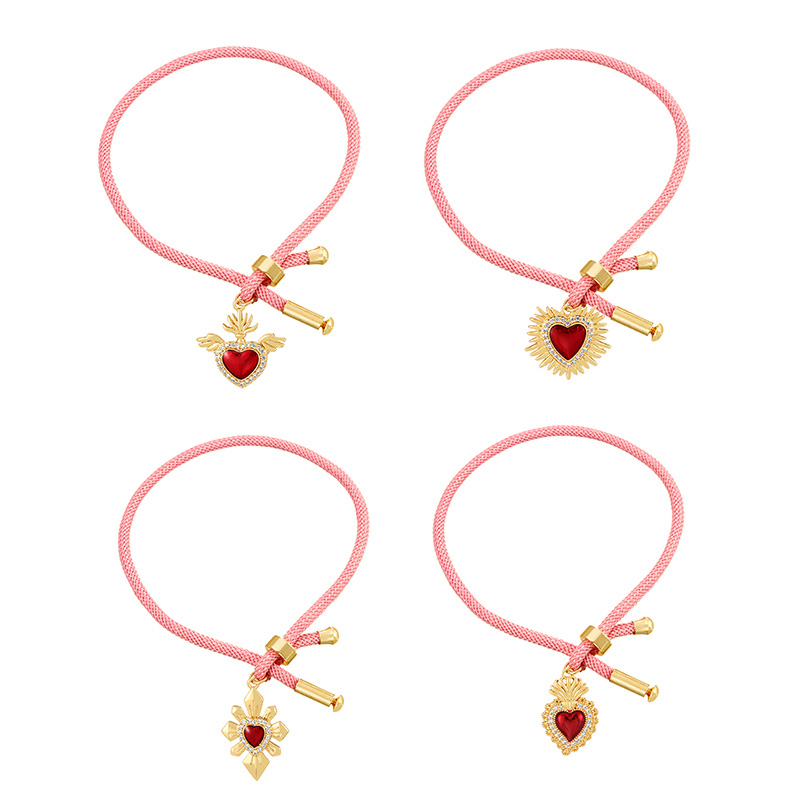 Fashion Pink 2 Copper Inlaid Zircon Dripping Oil Irregular Love Pendant Woven Bracelet,Bracelets