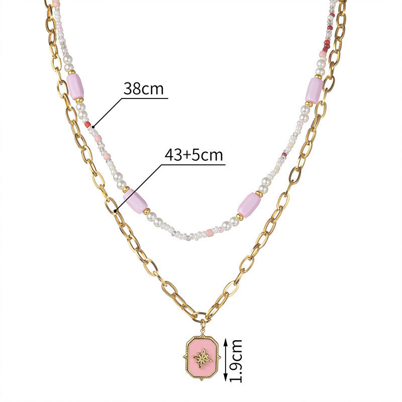 Fashion Gold Titanium Steel Pearl Beads Star Square Double Layer Necklace,Necklaces
