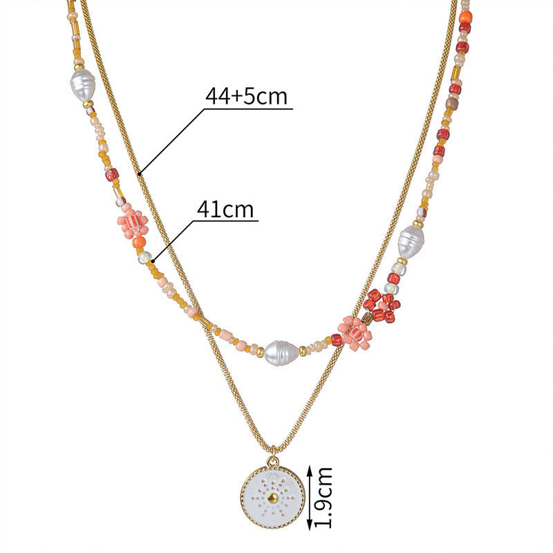 Fashion Gold Stainless Steel Rice Beads Flower Medallion Double Layer Necklace,Necklaces