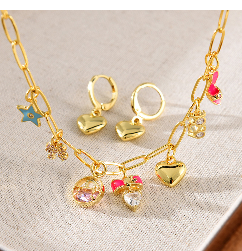 Fashion Gold Copper Inlaid Zircon Drop Oil Bow Love Pendant Necklace Earring Set,Jewelry Set