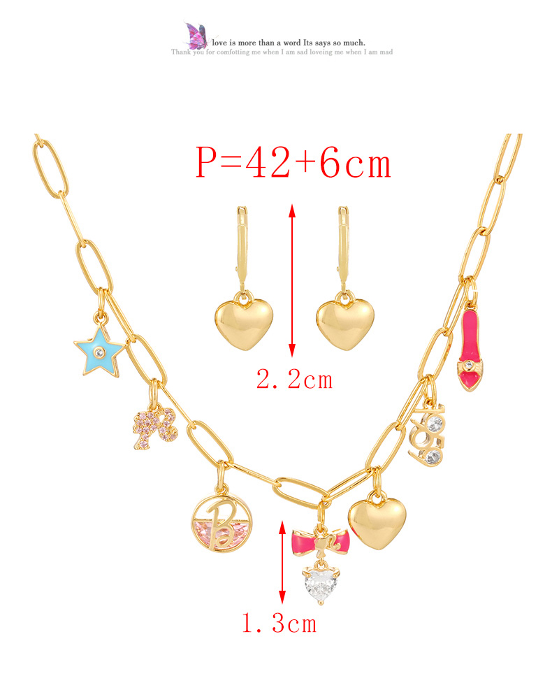 Fashion Gold Copper Inlaid Zircon Drop Oil Bow Love Pendant Necklace Earring Set,Jewelry Set