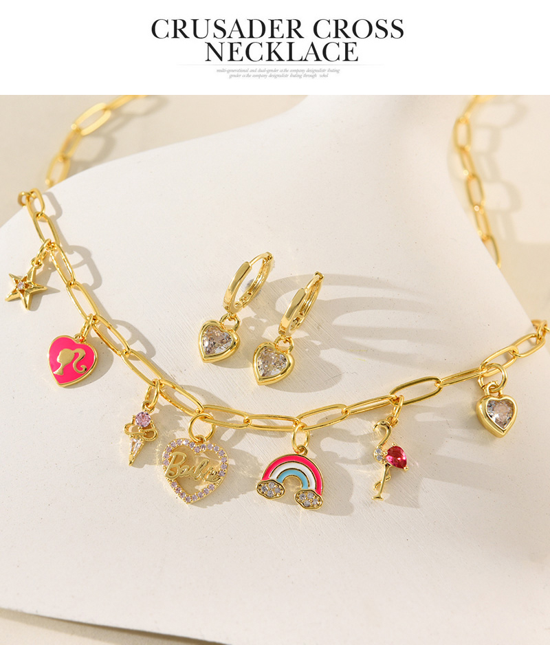Fashion Gold Copper Inlaid Zircon Drop Oil Rainbow Love Pendant Necklace Earring Set,Jewelry Set