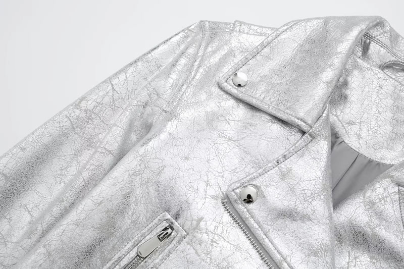 Fashion Silver Blended Lapel Multi-zip Jacket,Coat-Jacket