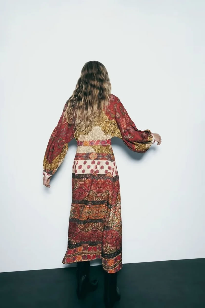 Fashion Color Matching Polyester Printed V-neck Long Skirt,Long Dress