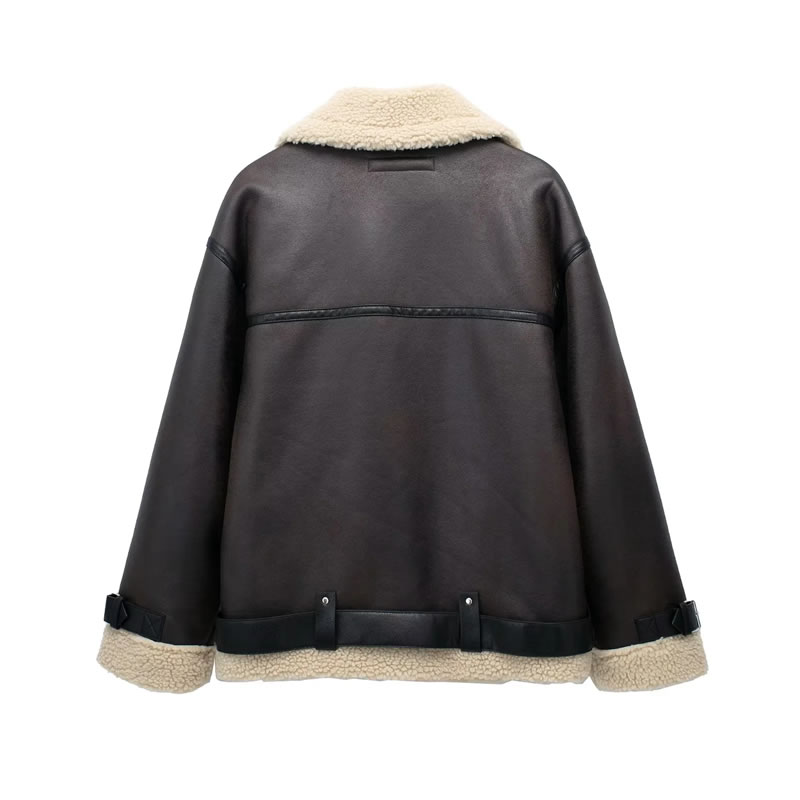 Fashion Brown Fur Lapel Zipped Jacket,Coat-Jacket