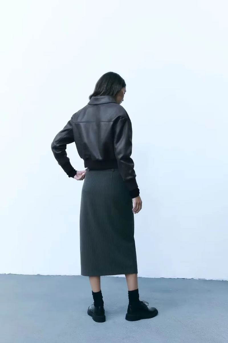 Fashion Black Leather Lapel Zipped Jacket,Coat-Jacket