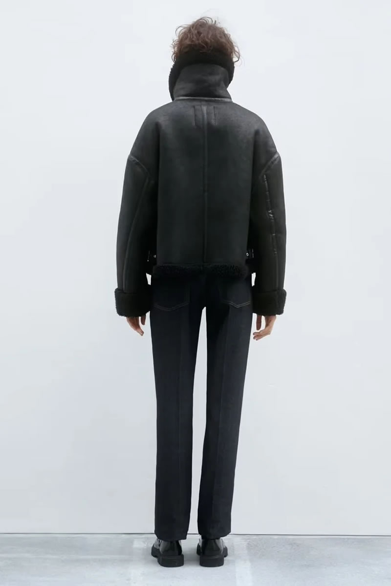 Fashion Black Fur Lapel Zipped Jacket,Coat-Jacket