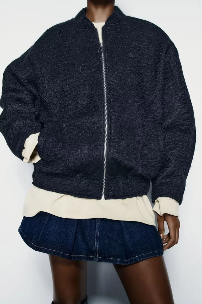 Fashion Blue Plush Stand Collar Zipper Jacket,Coat-Jacket