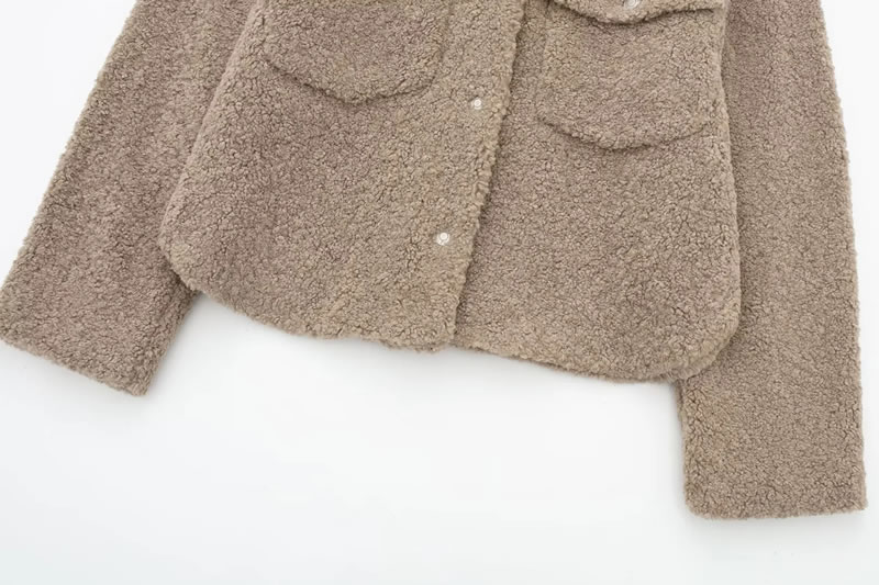 Fashion Coffee Color Plush Lapel Buttoned Jacket,Coat-Jacket