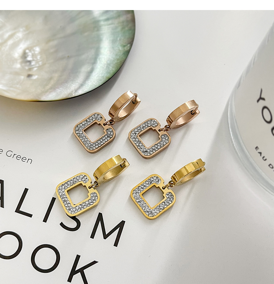 Fashion Rose Gold Titanium Steel Inlaid Zirconium Square Hoop Earrings,Earrings