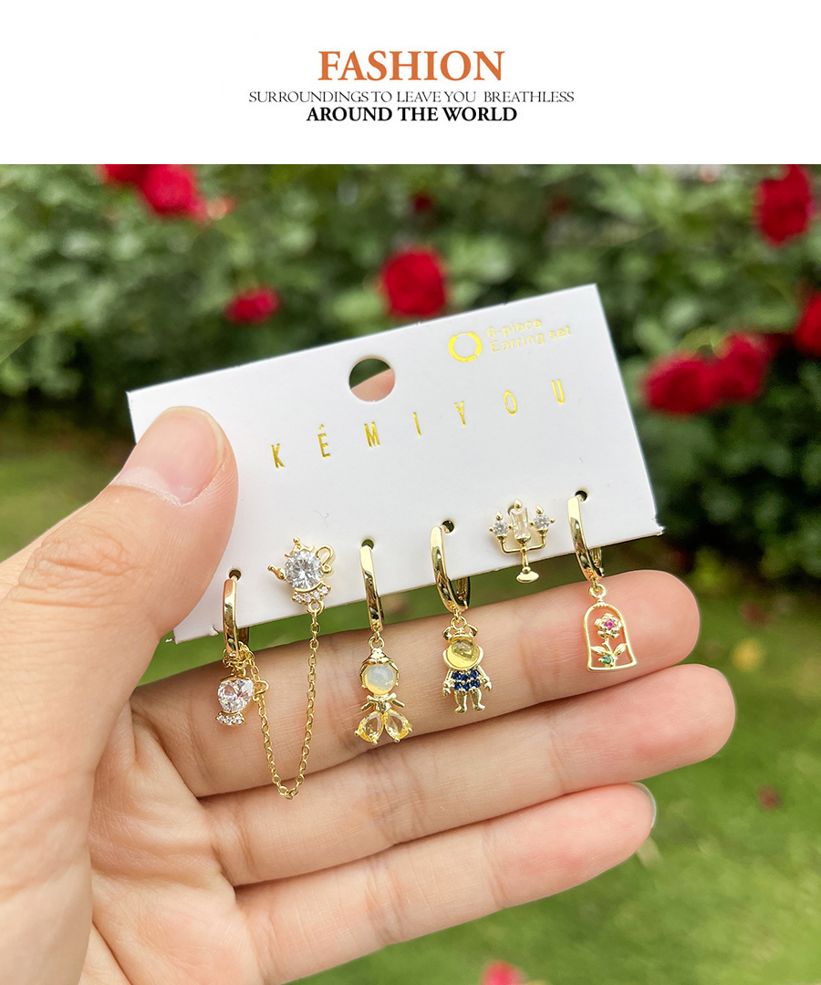 Fashion Gold Zirconia Geometric Kettle Candlestick Earring Set In Copper,Earring Set
