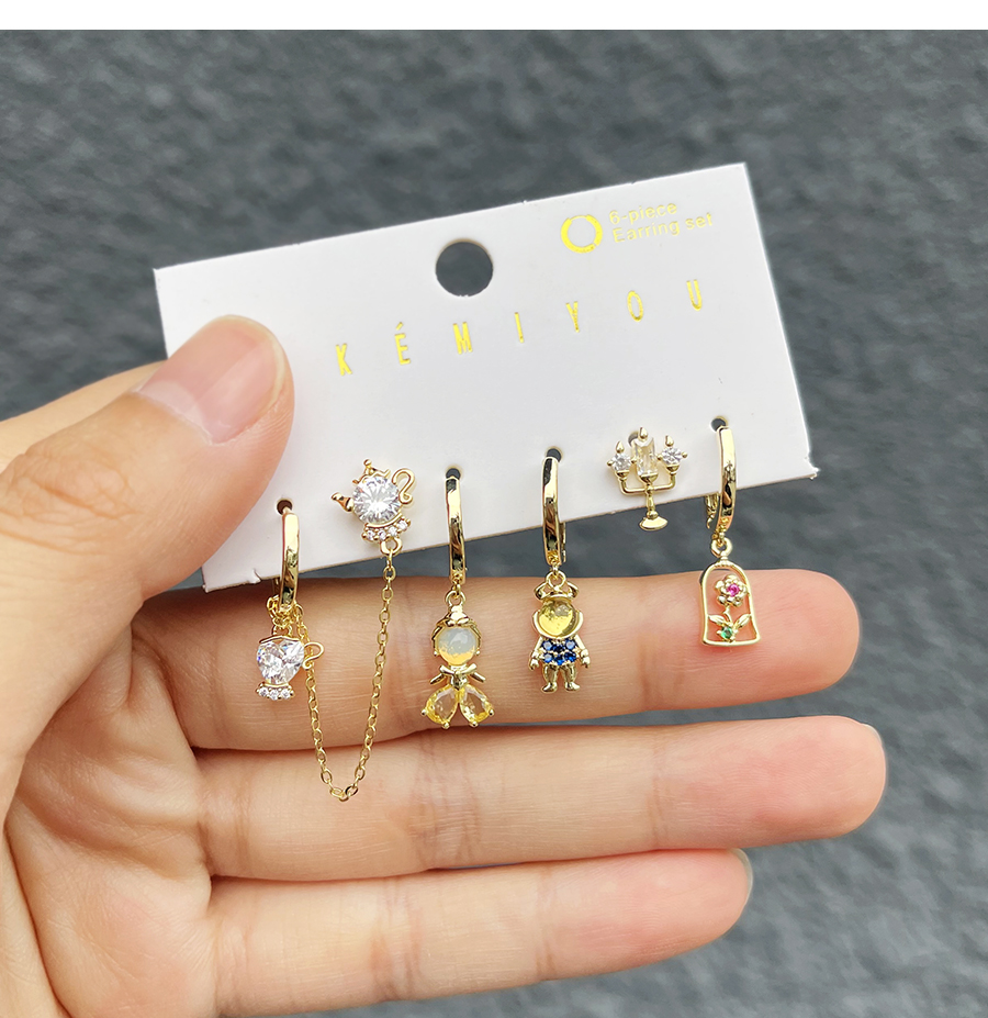 Fashion Gold Zirconia Geometric Kettle Candlestick Earring Set In Copper,Earring Set