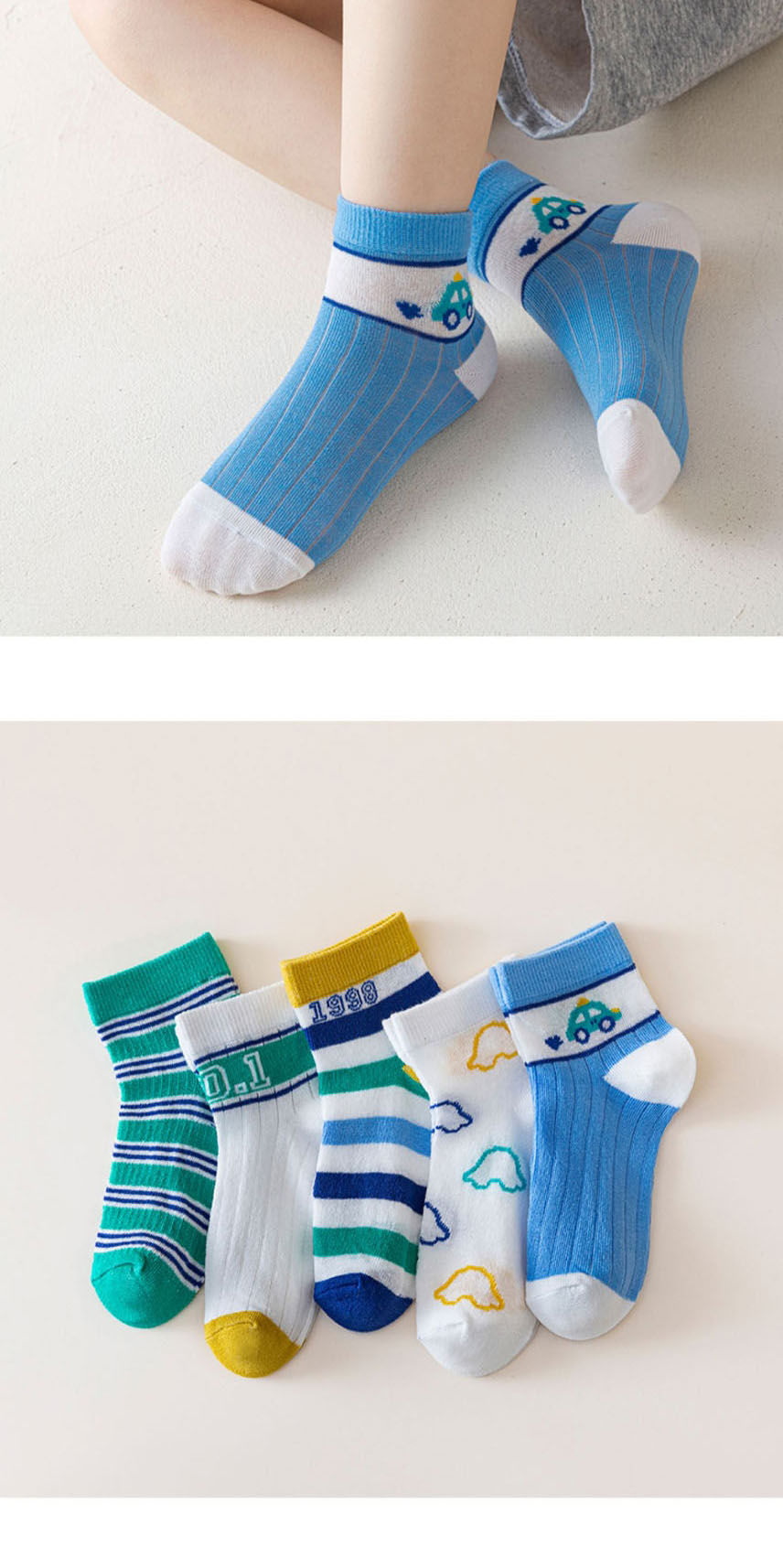 Fashion Klein Blue [breathable Mesh 5 Pairs] Cotton Printed Breathable Mesh Kids Socks,Fashion Socks
