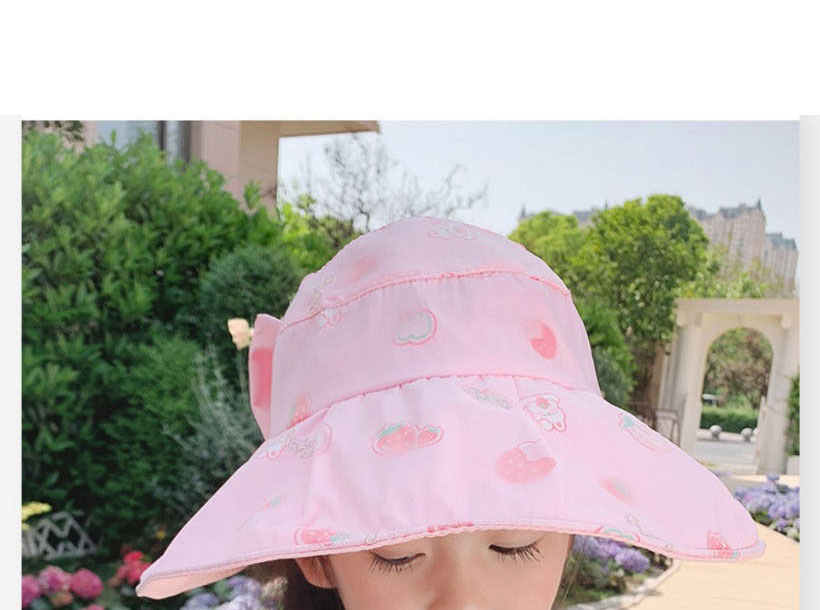 Fashion Big Brim Bowknot Empty Top - Pink Strawberry [princess Series] (free Windproof Rope) Polyester Print Hollow Bow Sun Hat,Sun Hats