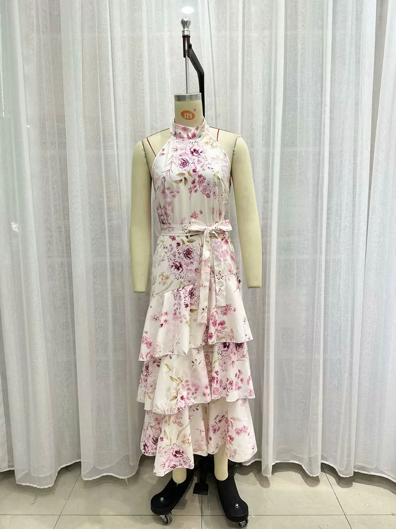 Fashion Printing Halterneck Print Tiered Dress,Long Dress