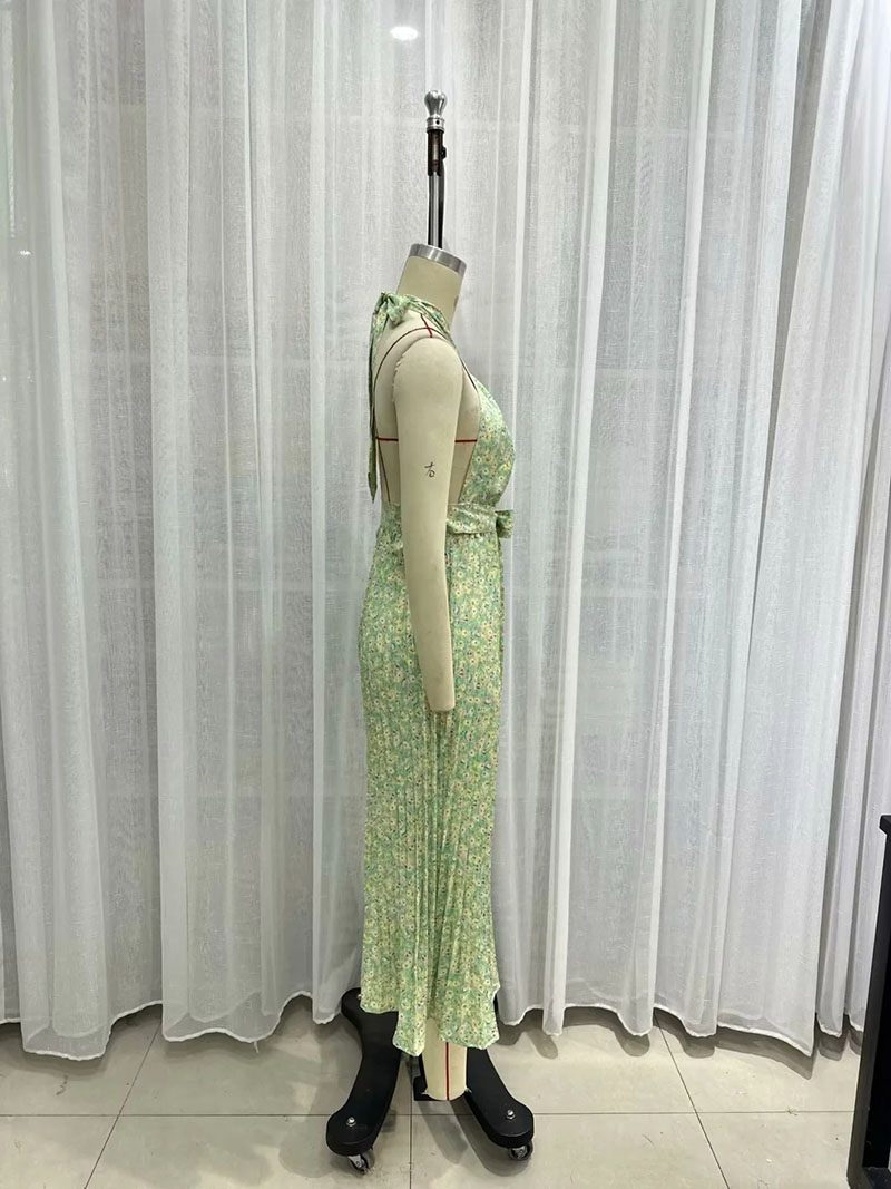 Fashion Green Polyester Crossover Halter Neck Tie Print Dress,Long Dress