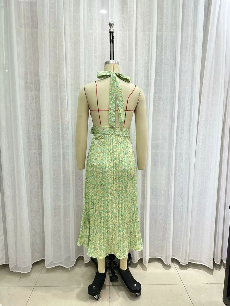 Fashion Green Polyester Crossover Halter Neck Tie Print Dress,Long Dress