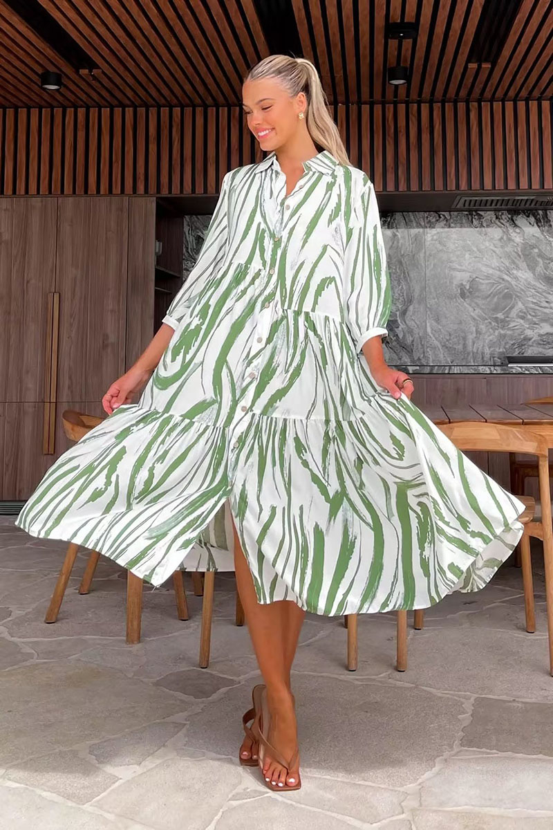 Fashion Green Polyester Print Lapel Breasted Dress,Long Dress