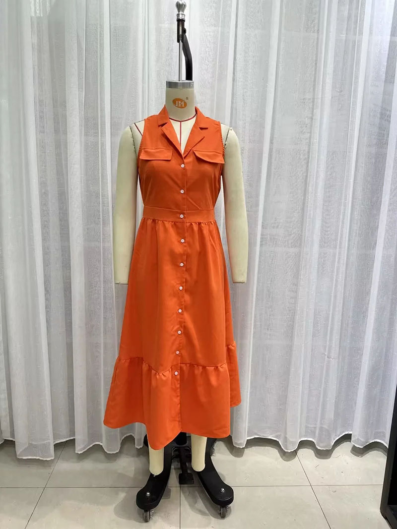 Fashion Orange Polyester Lapel-breasted Dress,Long Dress