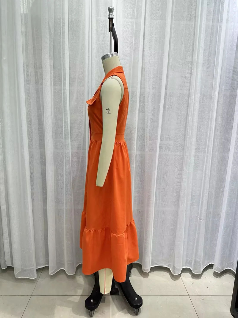 Fashion Orange Polyester Lapel-breasted Dress,Long Dress