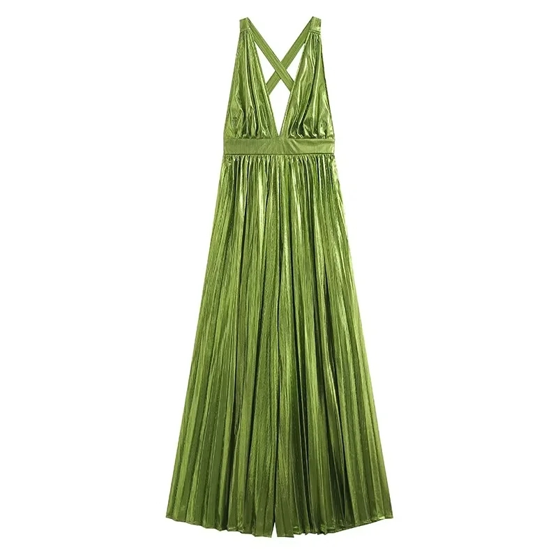 Fashion Green Polyester Pleated V-neck Sundress,Long Dress