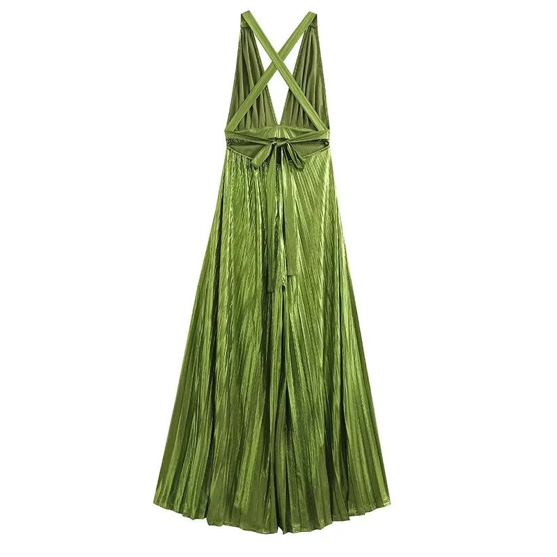 Fashion Green Polyester Pleated V-neck Sundress,Long Dress