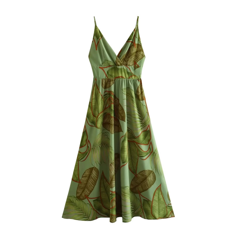Fashion Green Woven Printed V-neck Slip Dress,Long Dress