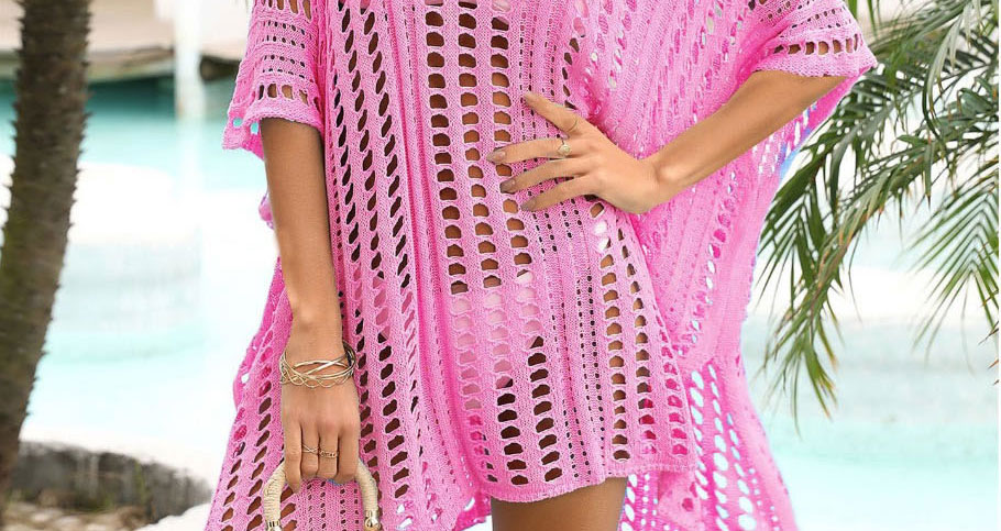 Fashion Pink Open-knit Long-sleeve Sun Protection Blouse,Cover-Ups