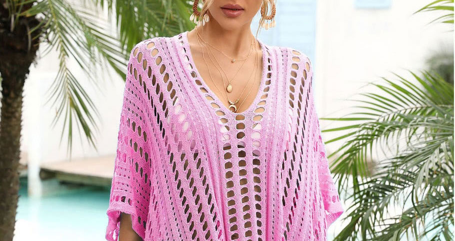 Fashion Pink Open-knit Long-sleeve Sun Protection Blouse,Cover-Ups